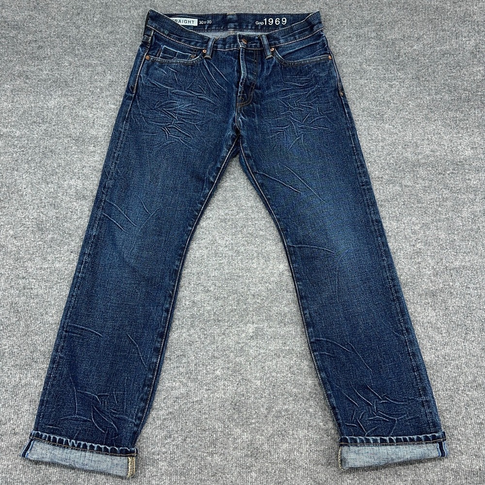 Gap 1969 Jeans Mens 30x30 (Fits 32x30) Selvedge Denim Straight Dark Honeycomb